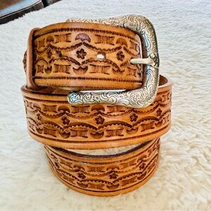 Vintage Embossed Leather Belt with Silver Buckle size 42